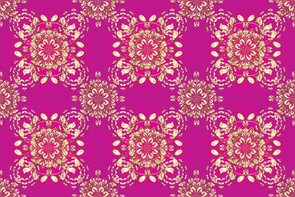 Golden pattern on magenta, white and beige colors with golden elements. Raster golden seamless pattern. Flat hand drawn vintage collection. Backdrop, fabric, gold wallpaper.