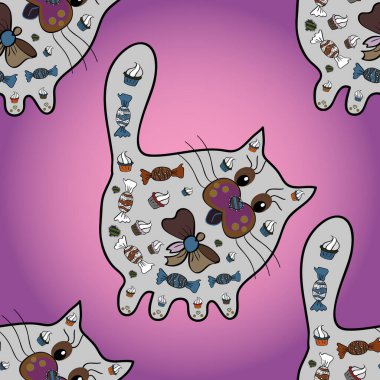 Art colorful illustration with beautiful cats. Seamless pattern. Art poster for decoration your interior and for use in your unique design. Drawing at purple, gray and pink colors.