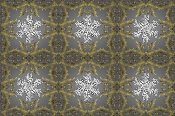 Seamless classic raster golden pattern. Traditional orient ornament. Golden pattern on gray, neutral and yellow colors with golden elements. Classic vintage background.