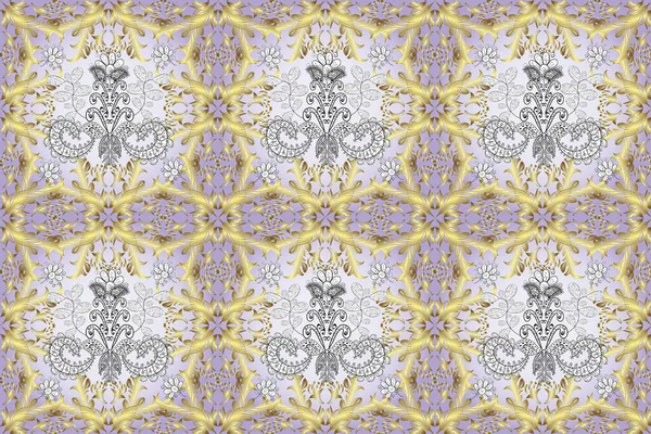 Ornate floral ornament. Seamless pattern in oriental style. In cute curls style. Urban pattern for textile and fabric. Illustration in gray, yellow and neutral colors.