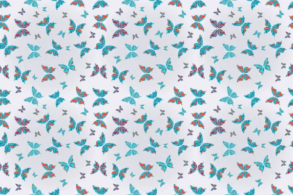 Fashion butterflies wallpaper for child. Beautiful colorful butterflies on a neutral, gray and blue background. Children butterfly seamless pattern.