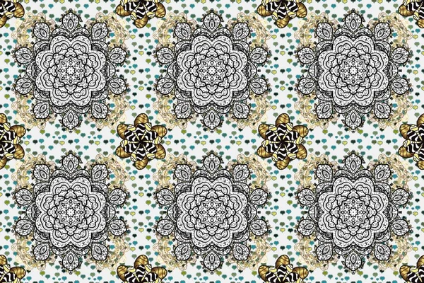 Paisleys elegant floral raster seamless pattern background wallpaper illustration with vintage stylish beautiful modern line art gold and brown, yellow and beige paisley flowers leaves, ornaments.