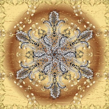 Seamless pattern. Flourish labels. Calligraphy swirls, swashes, ornate motifs and scrolls. Pictures in brown, beige and yellow colors. Background for Fabric, Textile, Print and Invitation.