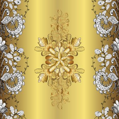 Simple Christmas seamless pattern with geometric motifs. Snowflakes with different ornaments. Retro textile collection. Elements with brown, yellow and neutral colors. Vector illustration.