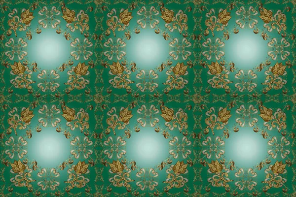 Ornate floral ornament. Illustration in blue, green and neutral colors. Seamless pattern in oriental style. Raster illustration. Urban pattern for textile and fabric. In cute curls style.
