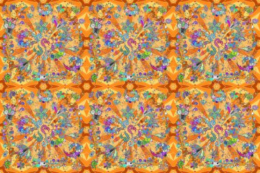 Seamless pattern with cute flowers and leaves on beige, orange and yellow colors, watercolor floral pattern, tileable for wallpaper, card or fabric.