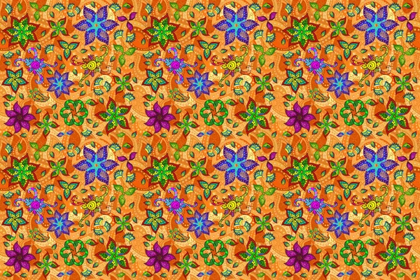 Иллюстрация Цветочного Бесшовного Рисунка Цветы Долины Оранжевого Черного Желтого Цветов — стоковое фото