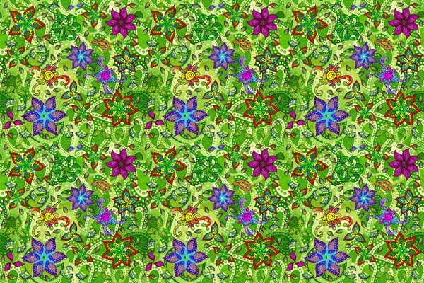 Flat Flower Elements Design. Cute flower pattern. Colour Spring Theme seamless pattern Background. Flowers on beige, green and black colors.