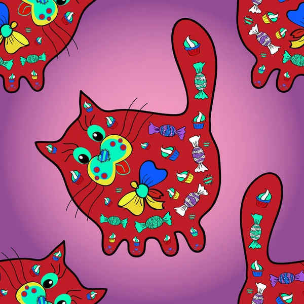 Tracery on purple, pink and red colours. Seamless pattern cats. Endless. Sketch, doodle, scribble. Cats in various poses. Nice pattern for textile, packaging, Wallpapers, scrapbooking.