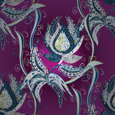 Seamless Floral Pattern in Vector illustration. Flowers on blue, purple and neutral colors in watercolor style.