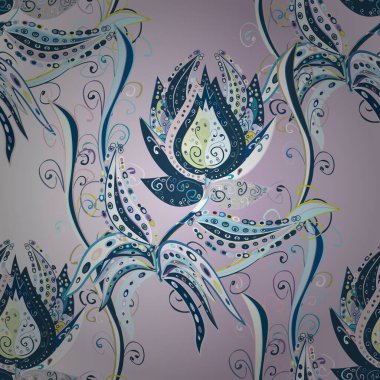 Illustration of floral seamless pattern. Flowers of the valley on gray, blue and neutral colors.
