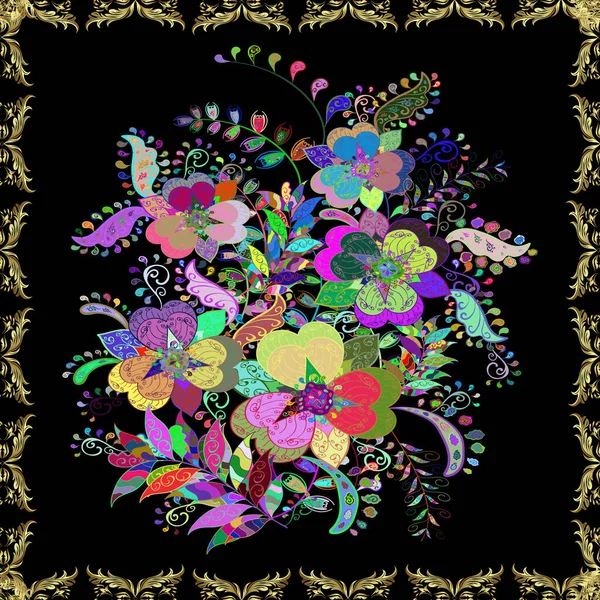 Vektör illüstrasyonundaki modaya uygun çiçek deseni. Renkli Yaz Temalı Kusursuz Arkaplan. Güzel kumaş deseni. Düz Çiçek Elementleri Tasarımı.