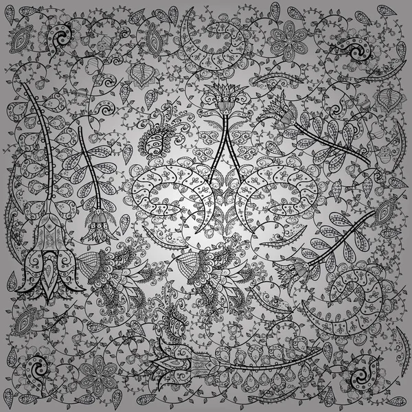 Sketch pattern with bright flowering carpet of plants on a gray, black and white colors.