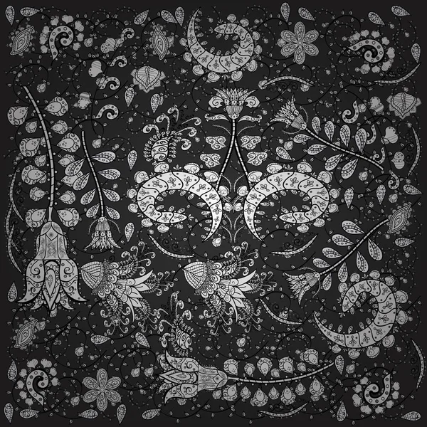 Sketch pattern with nice flowers on gray, black and white colors, watercolor floral pattern, tileable for wallpaper, card or fabric. Vector.