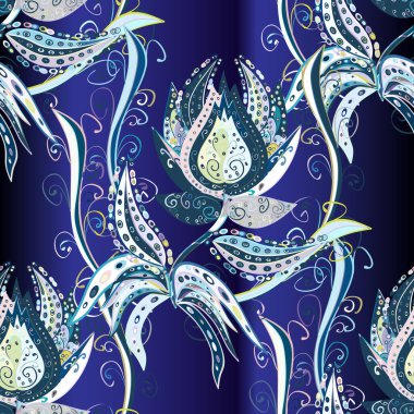 Floral seamless pattern background. Flowers on neutral, blue and gray colors. Colour Spring Theme seamless pattern Background. Flat Flower Elements Design.