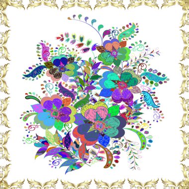 Watercolour floral pattern, delicate flowers, green, white and blue flowers, greeting card template. Beautiful fabric pattern.