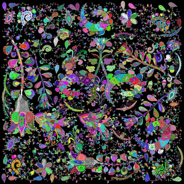 Amazing sketch floral pattern with bright colorful flowers and leaves on a black, blue and green colors. The elegant the template for fashion prints. Modern floral background. Folk style.