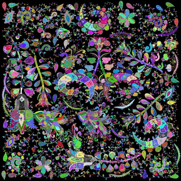 Cute flower pattern. Flowers on blue, black and green colors. Colour Summer Theme sketch pattern Background. Flat Flower Elements Design.