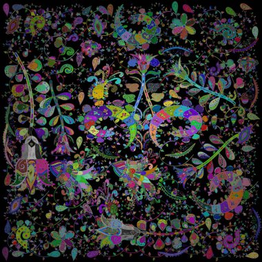 Sketch floral pattern in folk style with flowers, leaves. Hand drawn. Vector illustration.