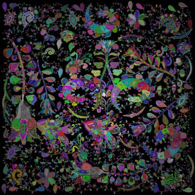 Vector floral pattern in doodle style with flowers. Gentle, spring floral background. Flowers on green, blue and black colors.