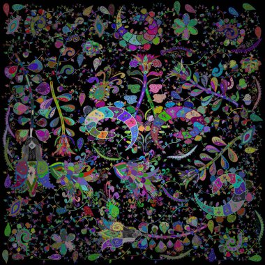 Floral wallpaper. Colorful ornamental border. Indian ornament. Sketch pattern. Vector illustration. On blue, green and black colors.