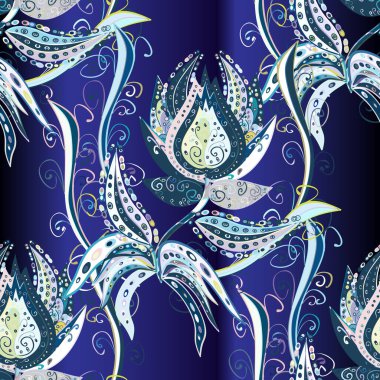 Seamless flower pattern can be used for wallpaper. Flowers on gray, neutral and blue colors. Vector illustration.