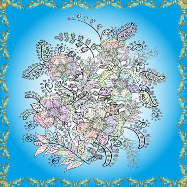 Floral seamless pattern background, summer flowers. Flowers on blue, gray and neutral colors. Colour Spring Theme seamless pattern Background. Flat Flower Elements Design.