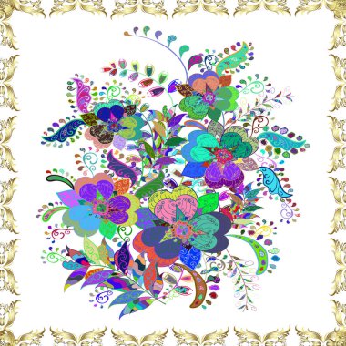 Şirin çiçek elementleri. Vektör çizimi. Kusursuz desenli, modaya uygun kumaş deseni. Renkli Bahar Temalı Kusursuz Arkaplan. Düz Çiçek Elementleri Tasarımı.