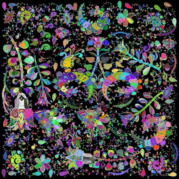 Sketch pattern with green, black and blue flowers, watercolor floral pattern, cute flower, tileable for wallpaper, card or fabric. Vector - stock.