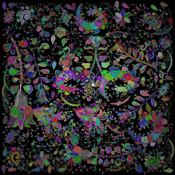 Vector floral pattern in doodle style with flowers. Gentle, spring floral background. Flowers on green, blue and black colors.