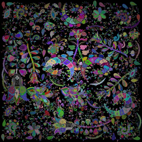 Floral wallpaper. Colorful ornamental border. Indian ornament. Sketch pattern. Vector illustration. On blue, green and black colors.