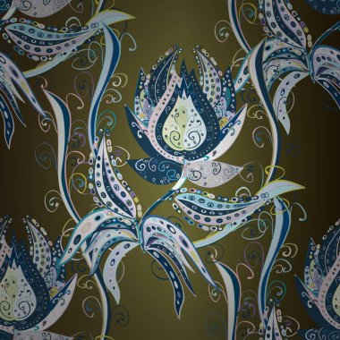Perfect for textile, cover design. Hand drawn seamless autumn floral flower pattern. Colorful brown, green and blue seamless pattern. Doodle style. Flowers on brown, green and blue colors.