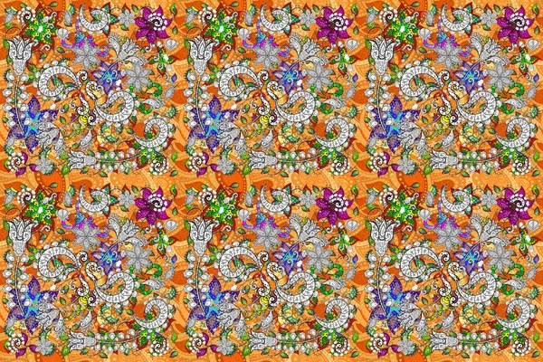 Flat Flower Elements Design. Cute flower pattern. Colour Summer Theme seamless pattern Background. Flowers on orange, black and yellow colors.