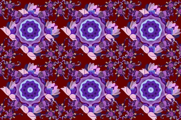 Floral wallpaper. On red, violet and neutral colors. Indian ornament. Colorful ornamental border. Seamless pattern.