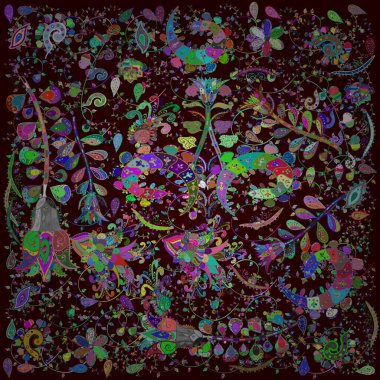 Seamless. Flowers on brown, green and blue colors. Cute floral elements. Vector illustration.