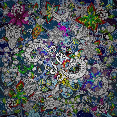 Seamless Floral Pattern in Vector illustration. Flowers on neutral, black and blue colors in watercolor style.