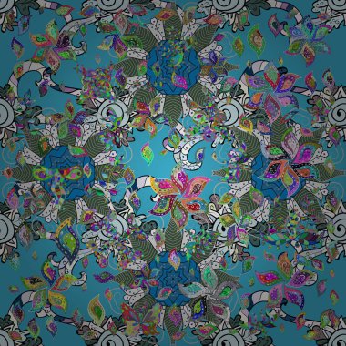 Colour Spring Theme seamless pattern Background. Flat Flower Elements Design. Flowers on neutral, blue and green colors. Nice flower vector pattern.