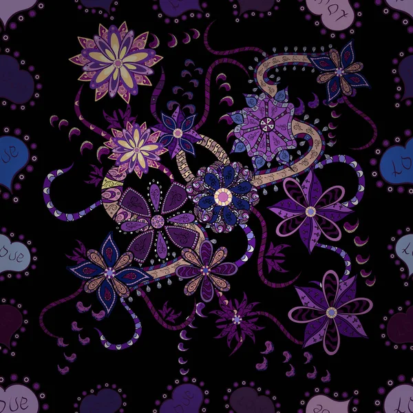 Εικονογράφηση Διανύσματος Μωβ Βιολετί Και Μαύρα Χρώματα Λουλούδια Χωρίς Ραφή — Διανυσματικό Αρχείο