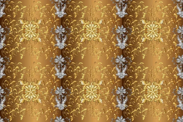Foliage vintage nice seamless pattern. Beige, yellow, brown leafy background with hand drawn leaves, flowers, swirls, intricate beautiful ornaments. Retro rich design for wallpapers, fabric, textile.