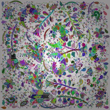 Pattern, sketch, floral border. Garland of flowers. Beautiful bright rough cloth, canvas. Curls, shiny tracery weave. Vintage old background. Vector illustration.