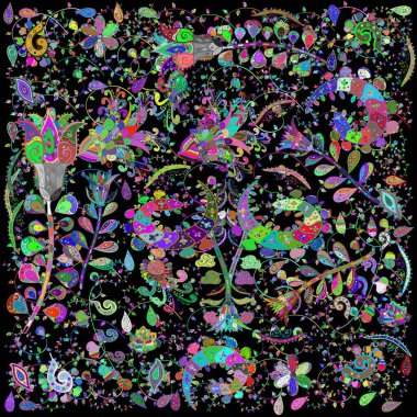 Vector sketch floral pattern. Flowers of the valley on blue, green and black colors.