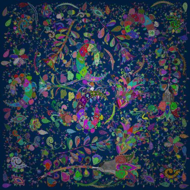 Sketch background pattern. Wild flowers with leaves on green, blue and violet colors. Watercolor, hand drawn. Vector illustration.