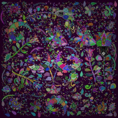 Amazing sketch floral pattern with bright colorful flowers and leaves on a blue, brown and green colors. The elegant the template for fashion prints. Modern floral background. Folk style.