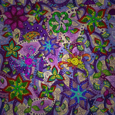 Design gift wrapping paper, greeting cards, posters and banner design. Vector flat flowers seamless pattern. Flowers on purple, blue and violet colors.