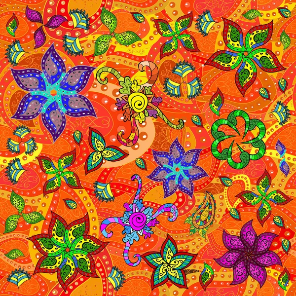 Seamless Pattern Bright Flowering Carpet Plants Yellow Orange Red Colors — Vector de stock