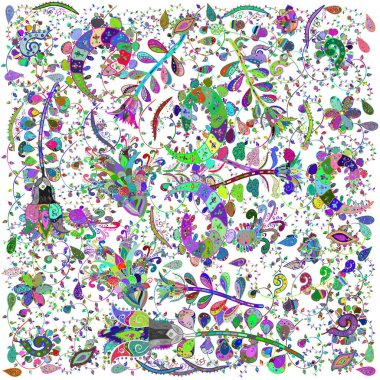 Sketch flowers pattern. In asian textile style on white, blue and green colors.