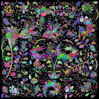 Cute flower pattern. Flowers on green, black and blue colors. Colour Spring Theme sketch pattern Background. Flat Flower Elements Design.