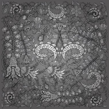 Sketch Floral Pattern in Vector illustration. Flowers on white, black and gray colors.