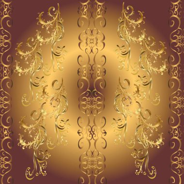 Seamless pattern on brown, beige and yellow colors with golden elements. Traditional orient ornament. Classic vintage background. Seamless classic golden pattern.