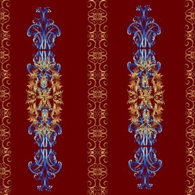 Decorative symmetry arabesque. Seamless medieval floral royal pattern. Gold on blue, red and brown colors. Good for greeting card for birthday, invitation or banner.